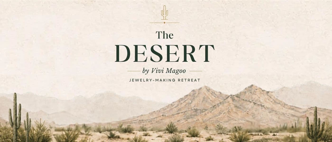 The Desert by Vivi Magoo, jewelry-making retreat, above a painted desert of saguaros and mountains